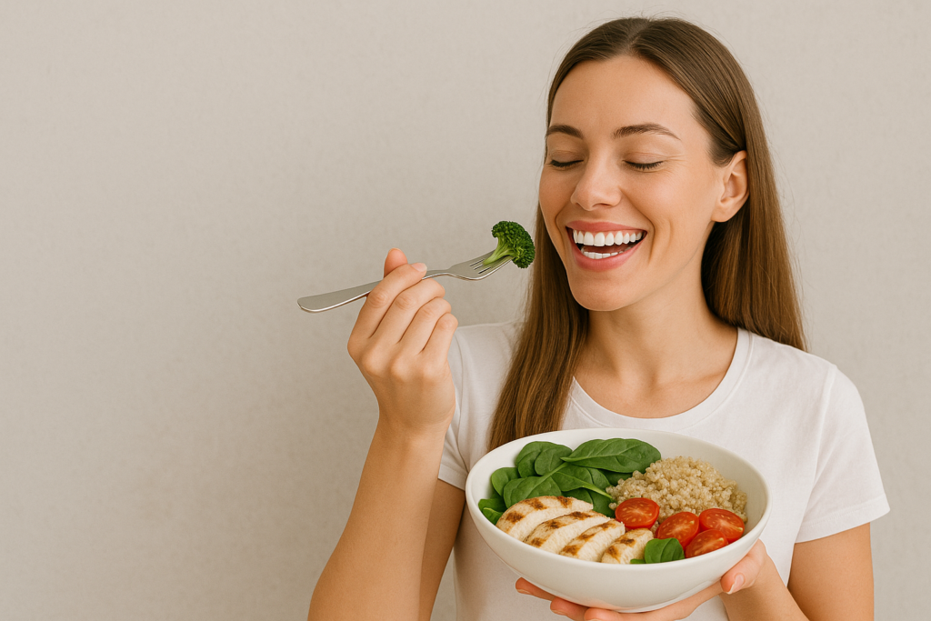 Junge Frau mit hellem Shirt lächelt und isst Brokkoli aus einer Gabel, während sie eine Schale mit Spinat, Hähnchen, Quinoa und Tomaten in den Händen hält