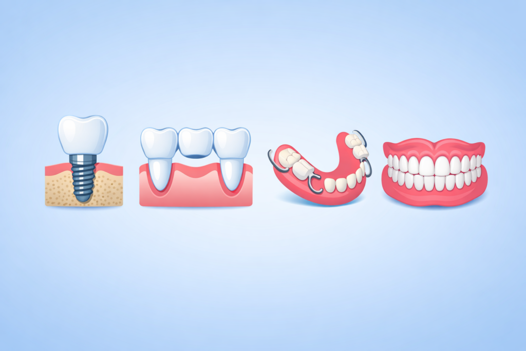 Zahnersatzarten: Implantat, Brücke, Teilprothese und Vollprothese vereinfacht illustriert