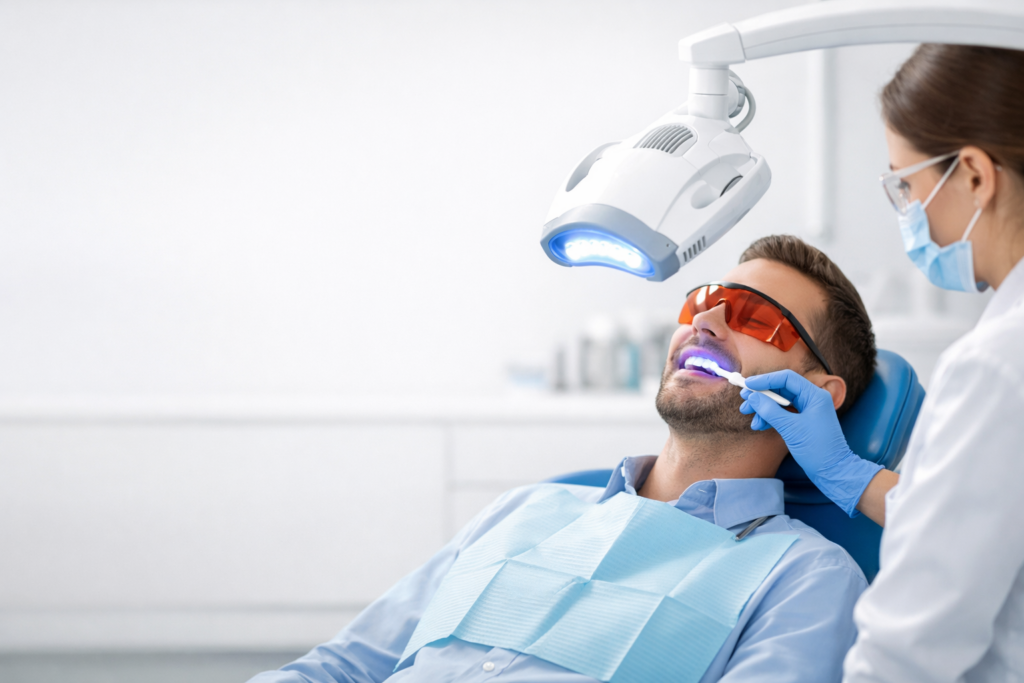 Patient im Behandlungsstuhl mit Mundschutz beim Power-LED-Bleaching