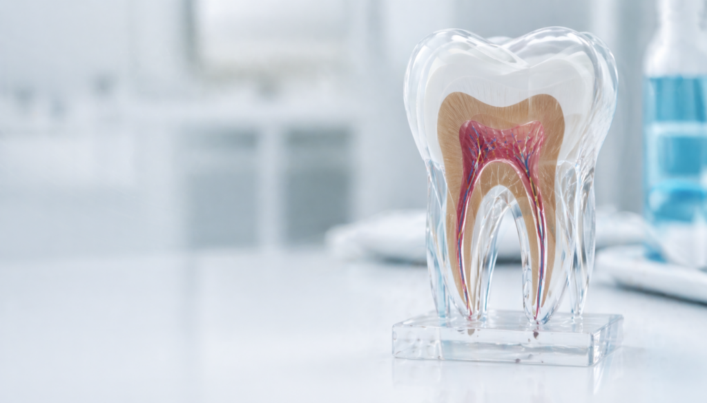 Fotorealistisches, klinisch sauberes Nahaufnahmebild eines transparenten Zahnmodells im Querschnitt auf hellem Hintergrund