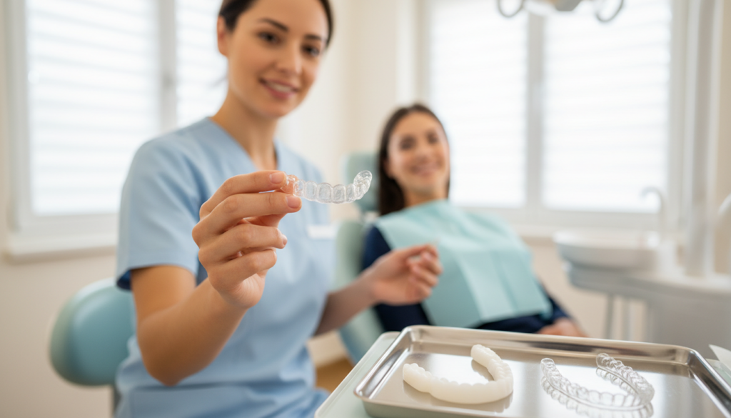 Eine Zahnärztin in einer modernen, hellen Praxis hält eine transparente Aufbissschiene und erklärt sie einer entspannten Patientin im Behandlungsstuhl.