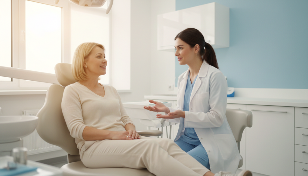 Zahnärztin im freundlichen Beratungsgespräch mit einer Patientin zum Thema Mundtrockenheit in einer hellen, modernen Praxis.