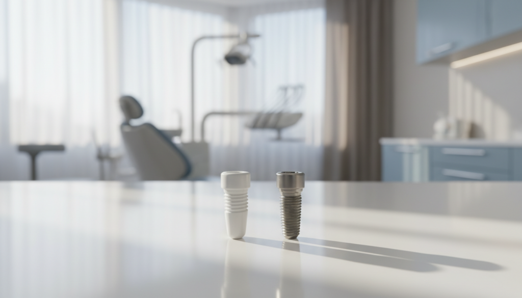 Zwei Zahnimplantate: Zirkonimplantat und Titanimplantat